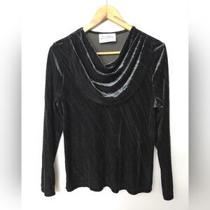 Di Marco Vtg Small Velvet Cowl Neck Shirt Velour Black Gold Stripes Plush